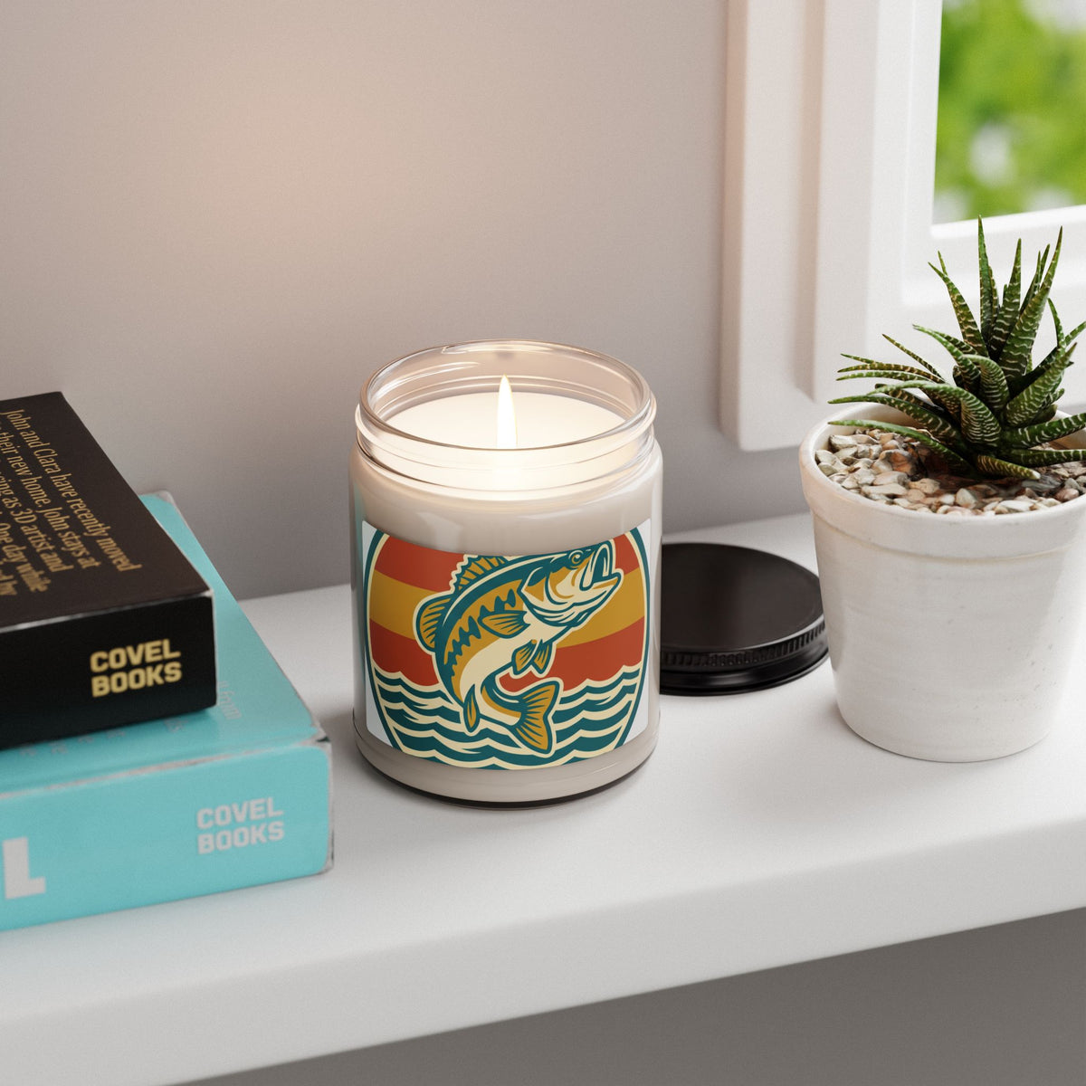 Bass Fishing Soy Candle — 9oz Scented Jar (Retro Sunrise Design)