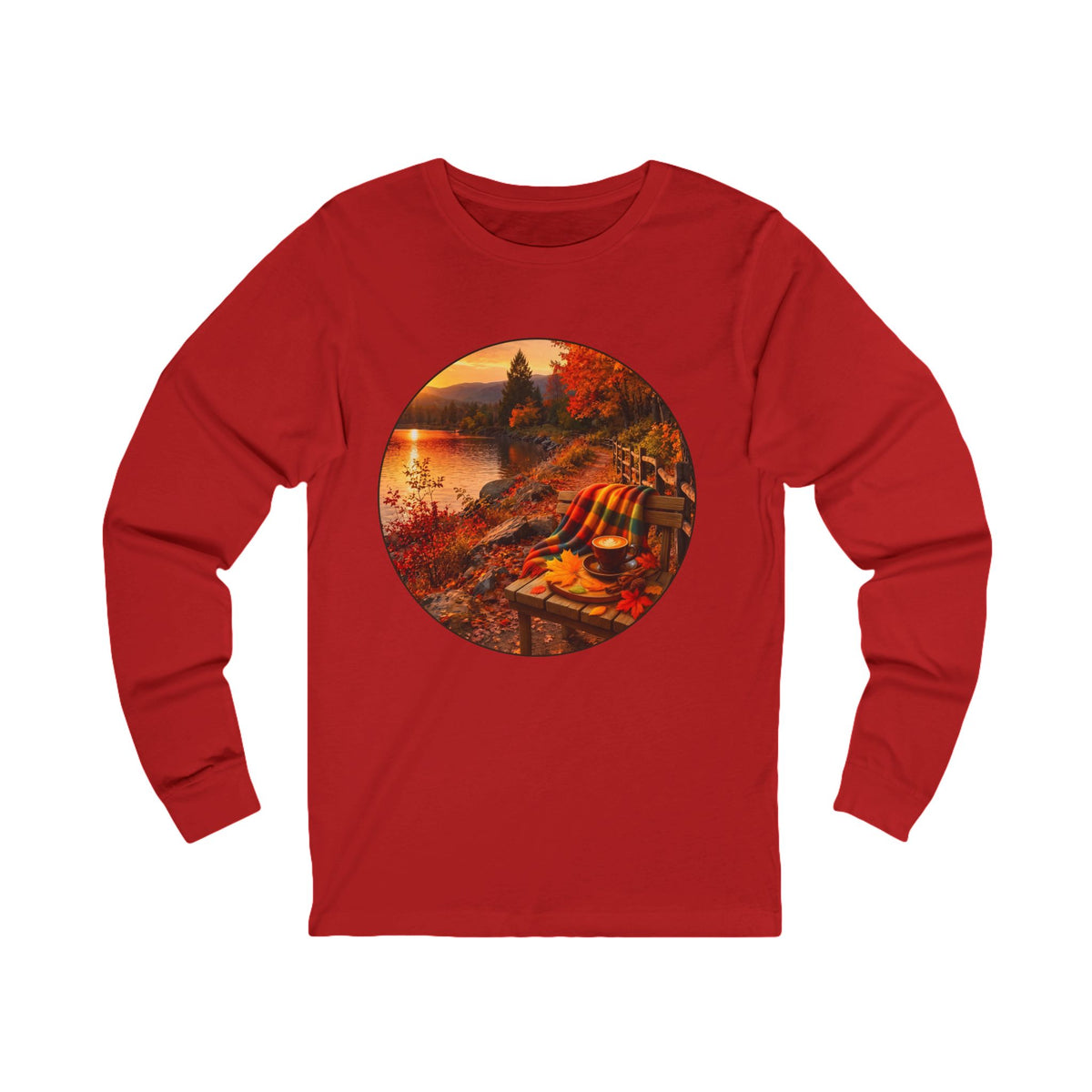 Autumn Lakeside Scene Long Sleeve Tee — Cozy Fall Cabin Sunset Print