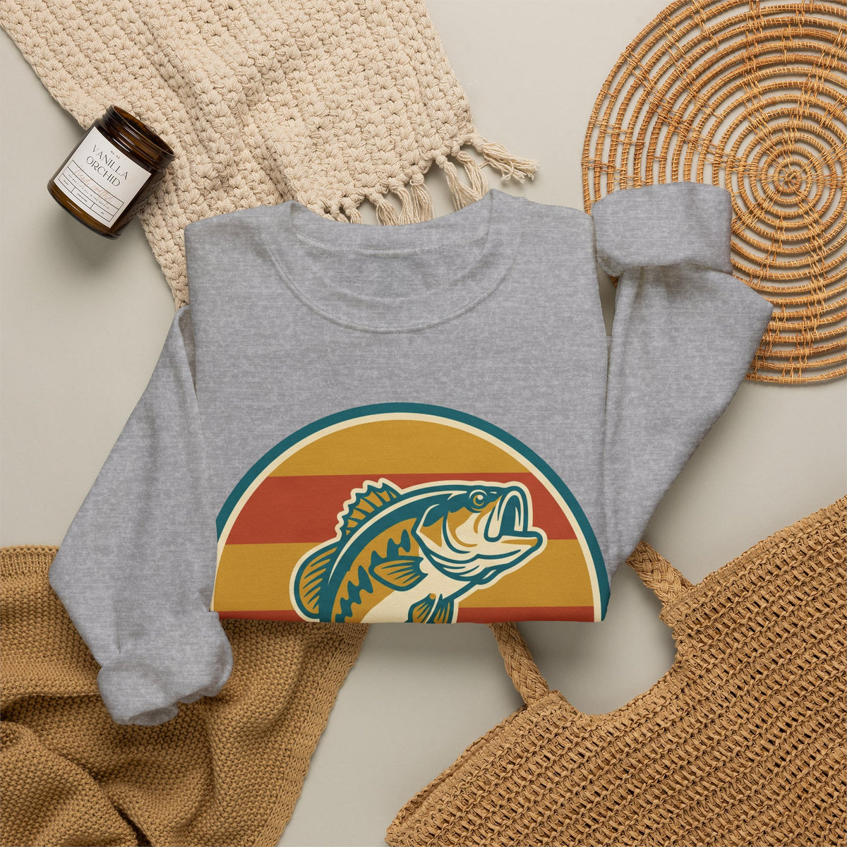 Fishing Crewneck Sweatshirt — Retro Bass Sunset Graphic