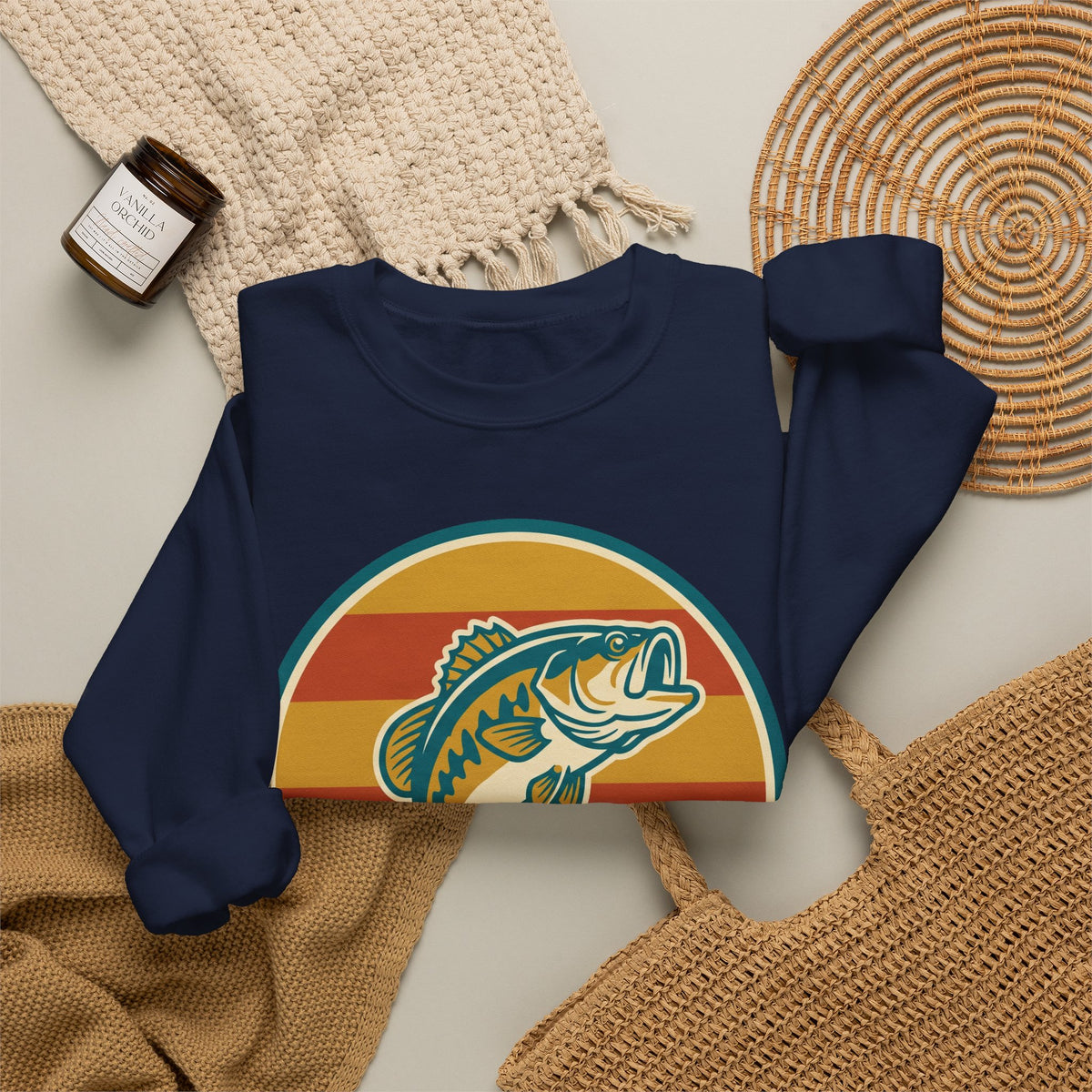 Fishing Crewneck Sweatshirt — Retro Bass Sunset Graphic