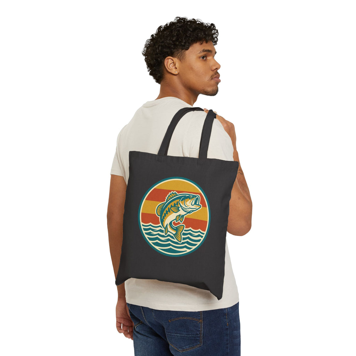 Vintage Bass Fishing Tote Bag – Retro Sunset Angler Canvas Tote