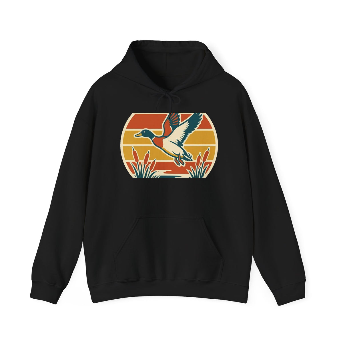 Retro Flying Duck Hoodie — Vintage Sunset Waterfowl Sweatshirt