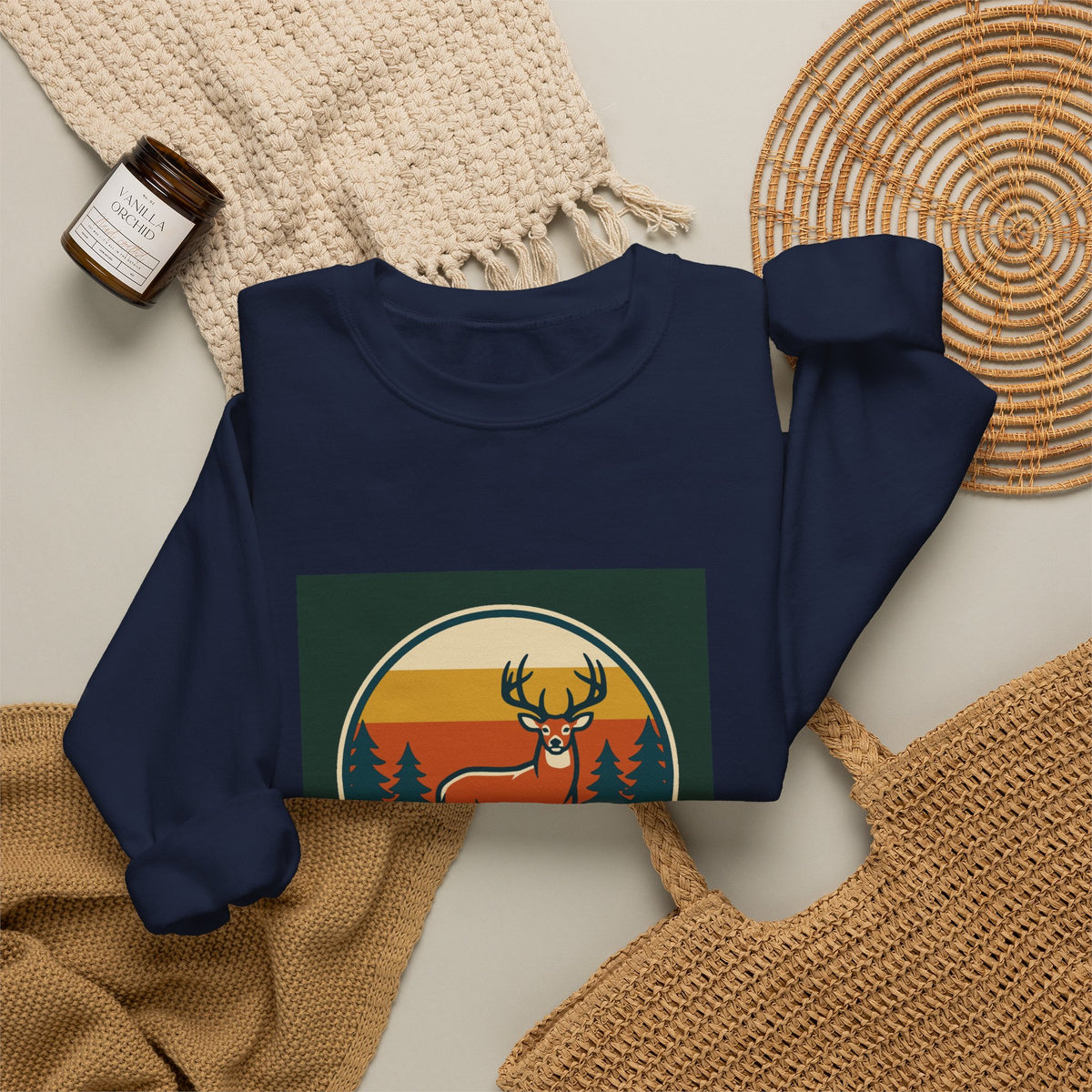 Deer Sunset Crewneck Sweatshirt — Retro Forest Buck Graphic