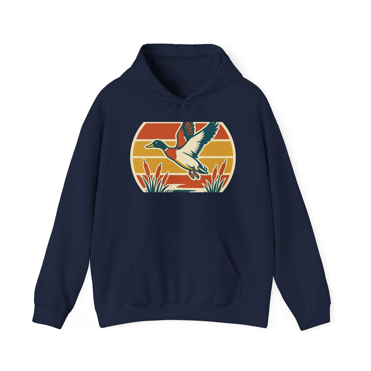 Retro Flying Duck Hoodie — Vintage Sunset Waterfowl Sweatshirt