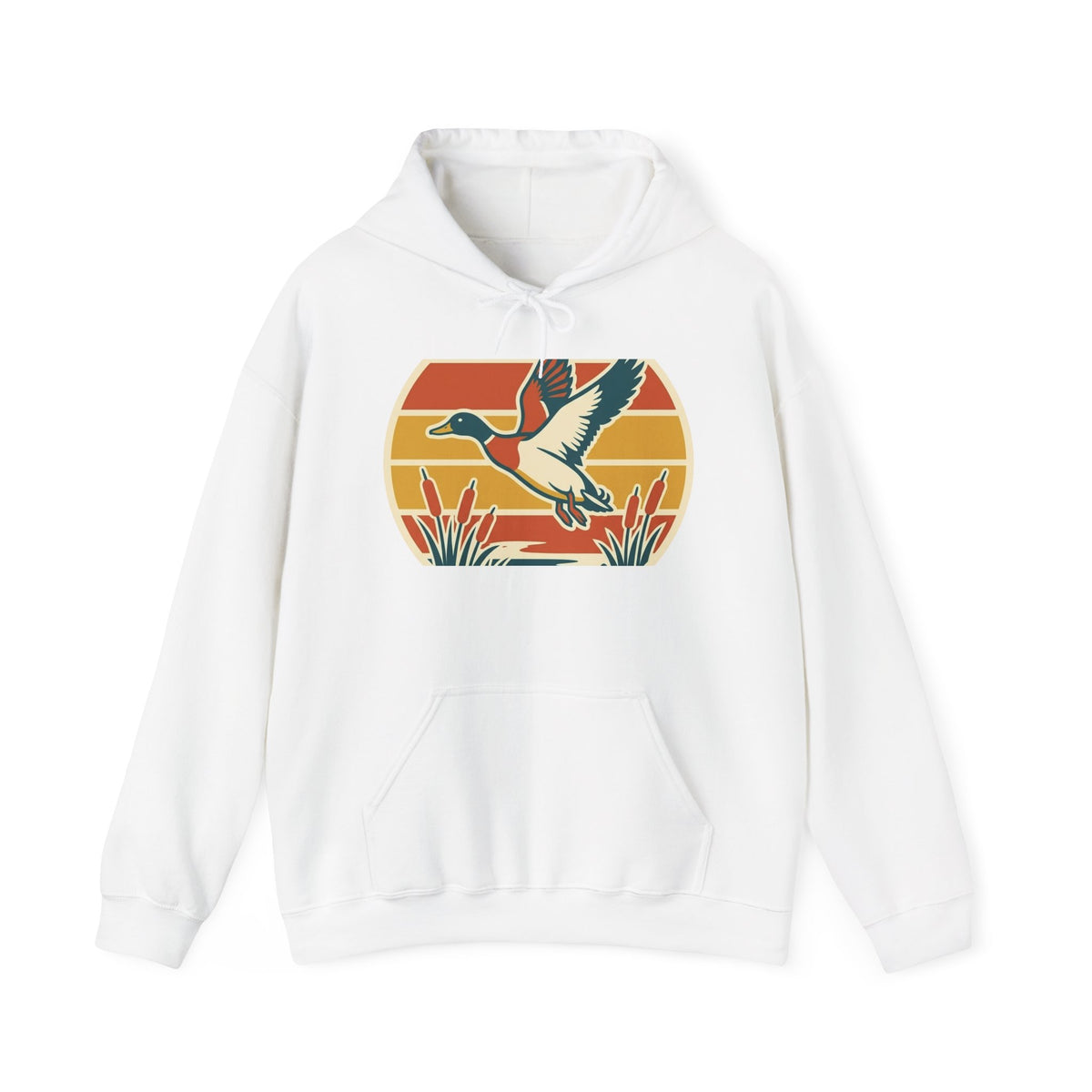 Retro Flying Duck Hoodie — Vintage Sunset Waterfowl Sweatshirt